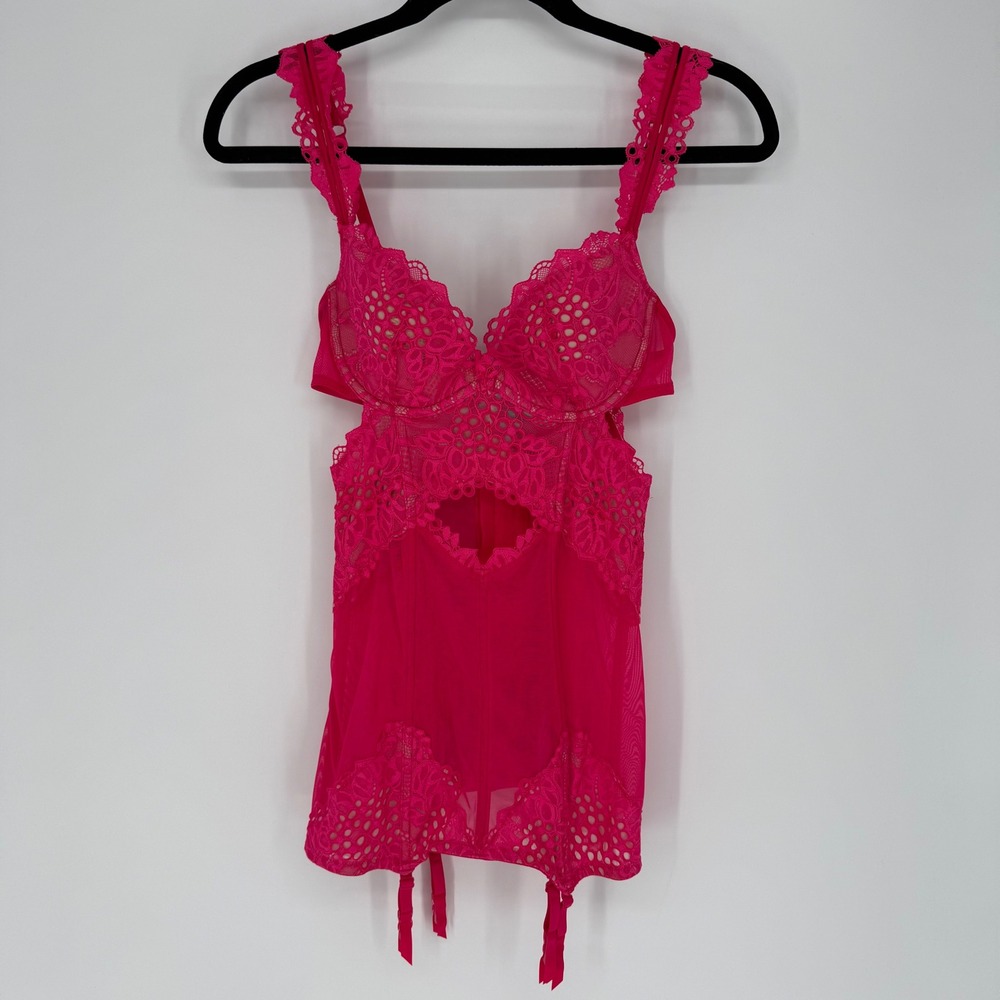 VICTORIA'S‎ SECRET HOT PINK LACE MESH BUSTIER CORSET GARTER STRAP NWT 36B